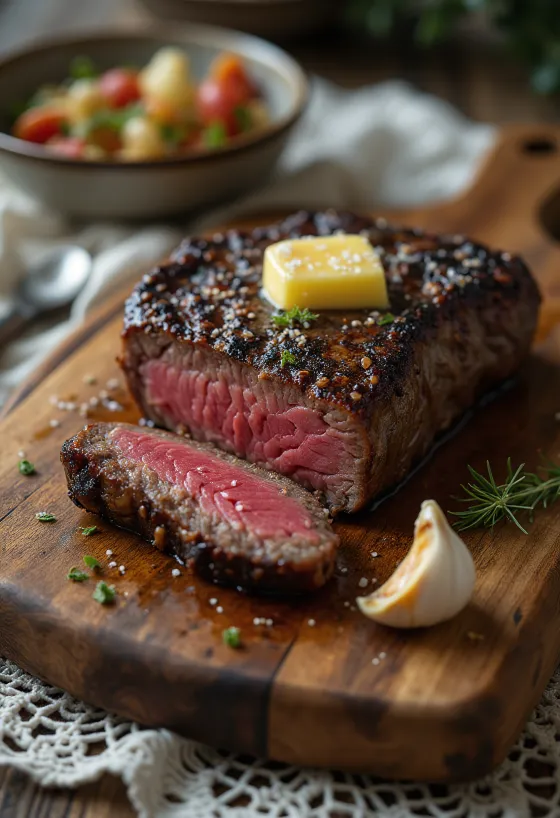 Bistecca di Kudu servita con spicchi di limone e verdure.