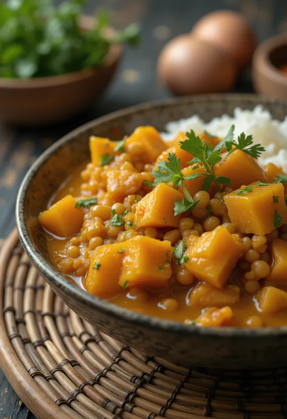 Curry di lenticchie con patate dolci servito