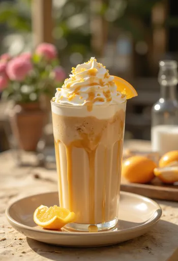 Frappé al caramello e arancia con panna montata e scorza d'arancia