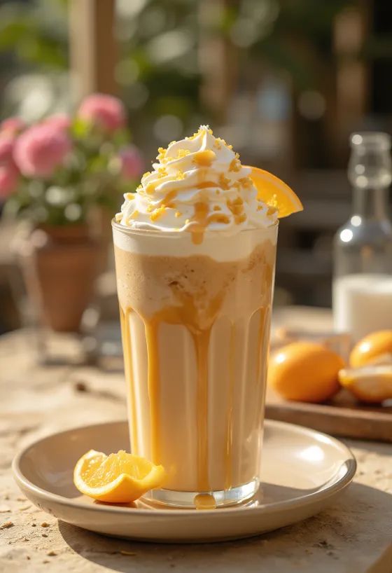 Frappé al caramello e arancia con panna montata e scorza d'arancia