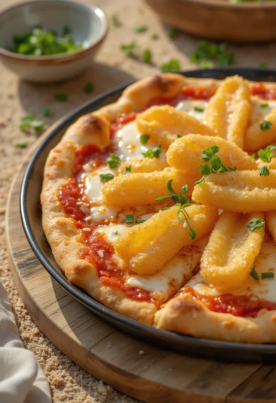 Pizza giapponese con verdure in tempura servita