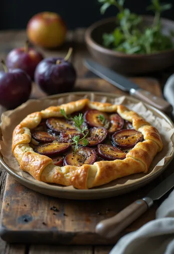 Fette di torta porri e prugne servite, pasta integrale rustica