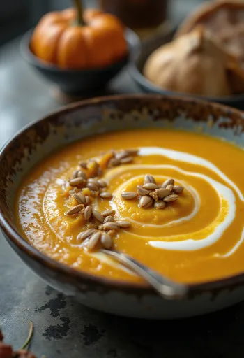 Vellutata di zucca dalla consistenza setosa, decorata con semi di zucca tostati
