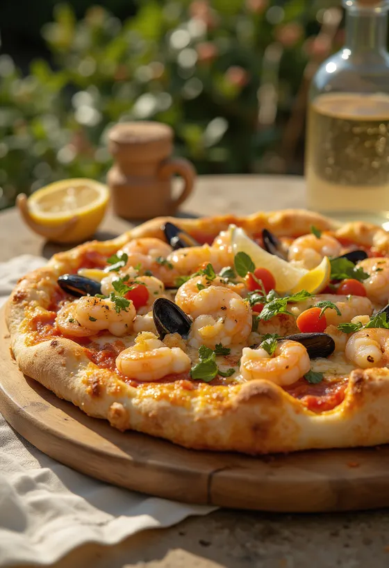 Pizza Frutti di Mare con cornicione ripieno servita