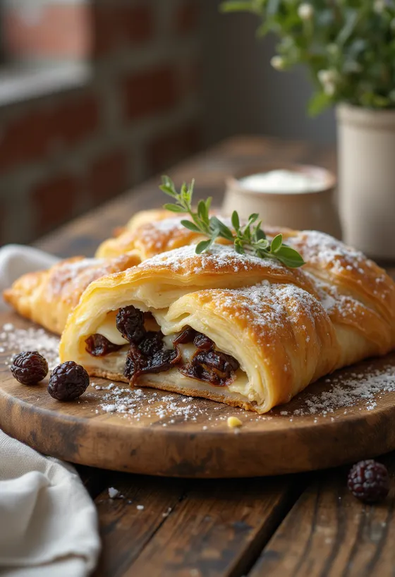 Strudel di ricotta con uvetta servito con zucchero a velo
