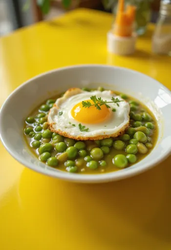 Cremoso stufato di piselli, cosparso di prezzemolo fresco