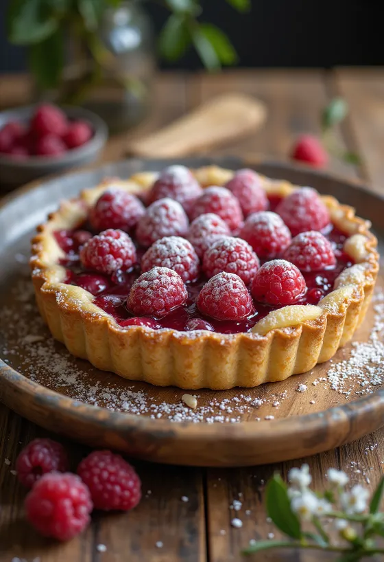 Bakewell tart vegana, con ripieno alle mandorle e confettura di lamponi