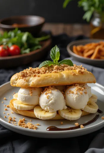 Bánh Mì Kẹp Kem sandwich gelato servito con frutta fresca e salsa al cioccolato.