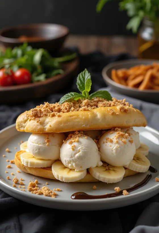 Bánh Mì Kẹp Kem sandwich gelato servito con frutta fresca e salsa al cioccolato.