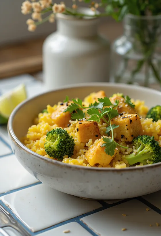 Curry di quinoa con broccoli e tofu