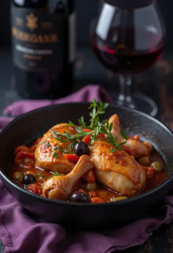 Pollo alla Cacciatora classico, servito in salsa di pomodoro con peperoni e olive