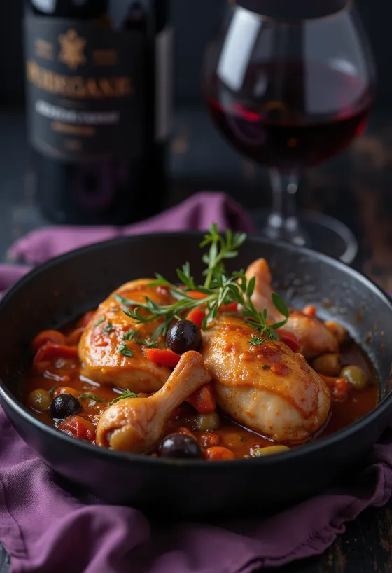 Pollo alla Cacciatora classico, servito in salsa di pomodoro con peperoni e olive