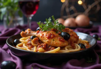 Pollo alla Cacciatora classico, servito in salsa di pomodoro con peperoni e olive