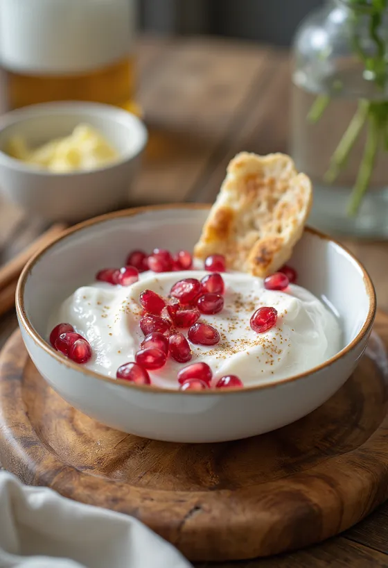 Raita al melograno, yogurt fresco decorato con chicchi di melograno freschi