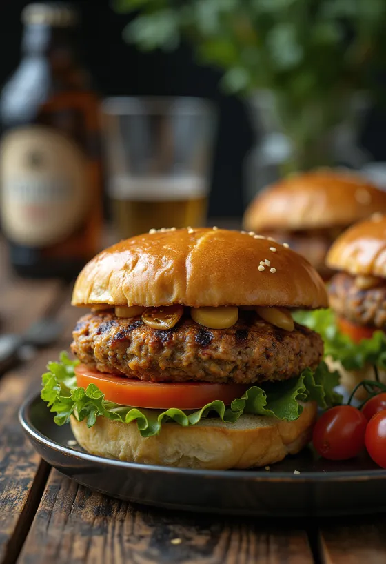 Burger di lenticchie e carne macinata alla griglia, serviti con verdure fresche e salse