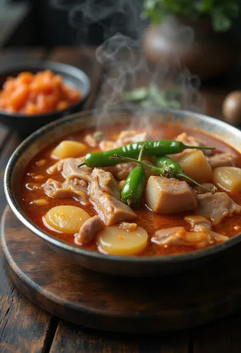 Gamjatang tradizionale, servito con carne di maiale, patate e peperoncino verde
