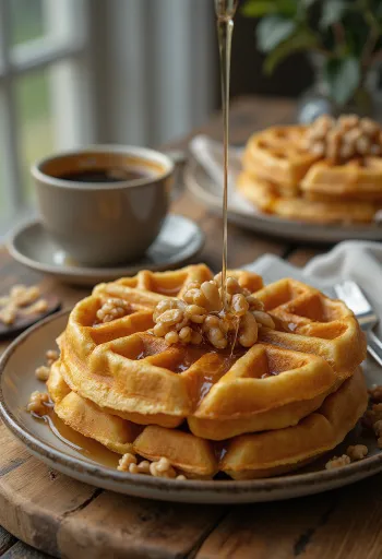 Waffle noci e sciroppo d'acero con noci fresche e sciroppo
