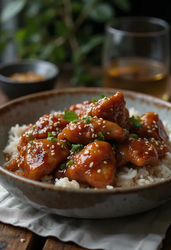 Pollo al miele arrostito dorato, cosparso di semi di sesamo ed erbe fresche
