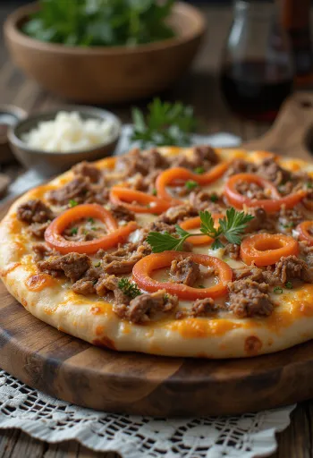 Pizza stile kazako con carne di manzo o cavallo