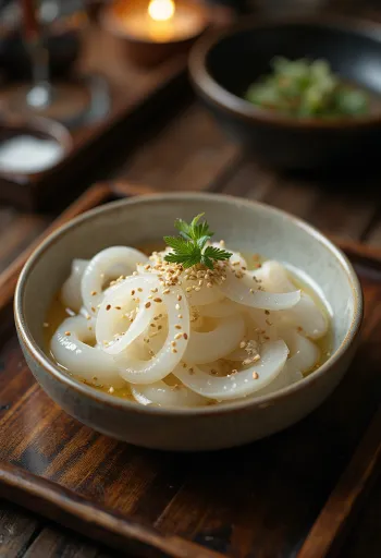 Sunomono di daikon, insalata giapponese con coriandolo fresco e semi di sesamo