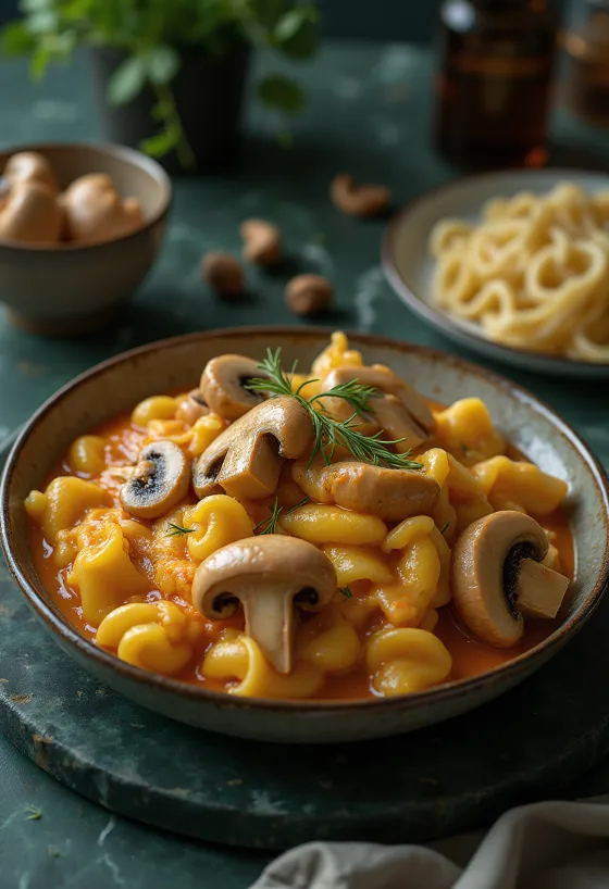 Paprikash di funghi cremoso servito con prezzemolo fresco e gnocchetti