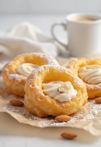 Zeppole alla crema di mandorle, spolverate di zucchero a velo, ripiene di crema
