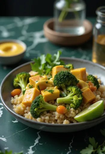 Buddha bowl con quinoa, broccoli e tofu al curry e tahina