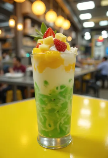 Cendol con frutta mista, frutta fresca e cubetti di ghiaccio in base di latte di cocco