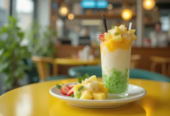 Cendol con frutta mista, frutta fresca e cubetti di ghiaccio in base di latte di cocco
