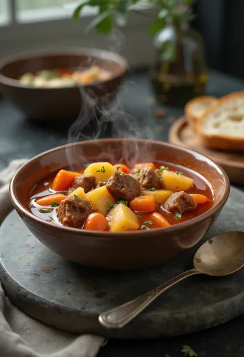 Zuppa Gulasch tradizionale con ricchi pezzi di carne e verdure, condita con paprika rossa.