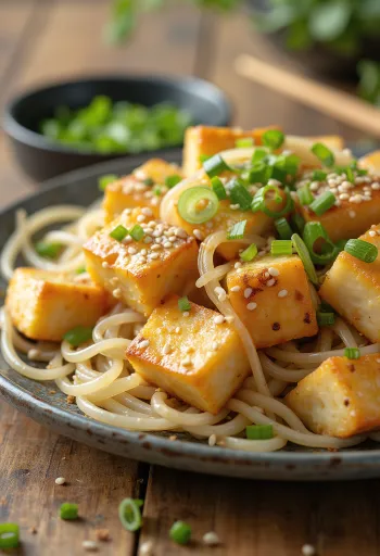 Japchae servito con tofu, spaghetti di patate dolci e verdure
