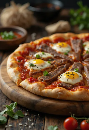 Pizza coreana con manzo Bulgogi servita