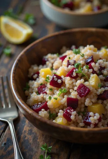 Insalata prebiotica di quinoa e barbabietola, decorata con prezzemolo fresco