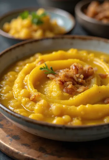 Crema di piselli gialli con prezzemolo fresco e topping croccante