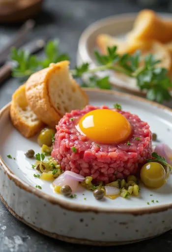 Steak Tartare servita con tuorlo d'uovo e pane tostato