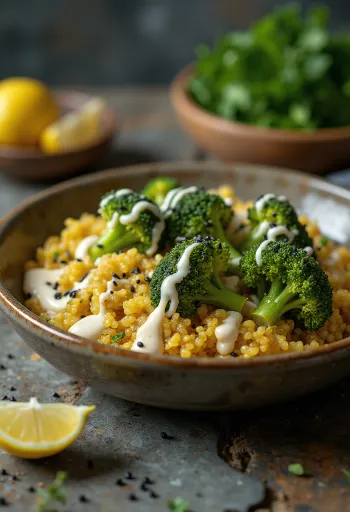 Buddha bowl con quinoa, broccoli al curry e tahina al lime