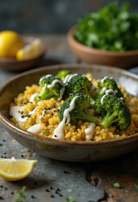 Buddha bowl con quinoa, broccoli al curry e tahina al lime