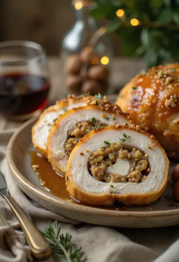 Fette di petto di tacchino ripiene di succose castagne servite con verdure.