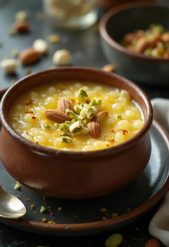 Kheer al cardamomo, servito con mandorle fresche e acqua di rose