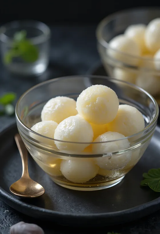 Rasgulla classica, sfere di formaggio fresco che galleggiano in sciroppo di zucchero