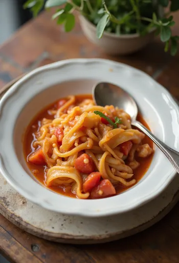 Cavolo al pomodoro servito con aneto fresco e polpette succose.