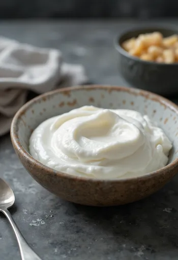 Yogurt greco probiotico servito in una ciotola bianca dalla consistenza densa e cremosa