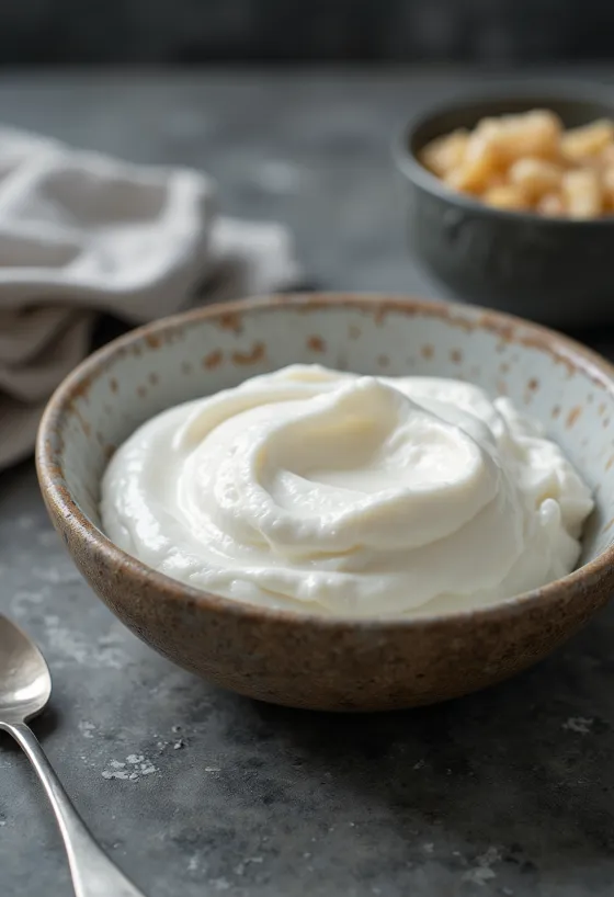 Yogurt greco probiotico servito in una ciotola bianca dalla consistenza densa e cremosa