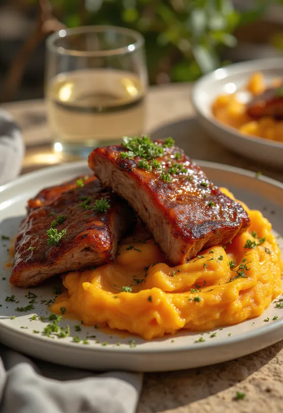 Costine BBQ servite con patate dolci
