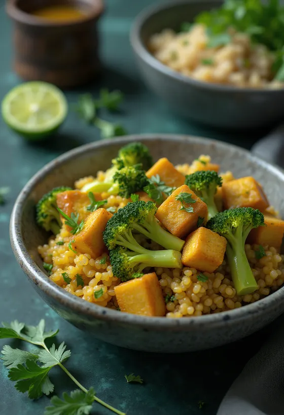 Buddha bowl con quinoa, broccoli e tofu al curry e lime