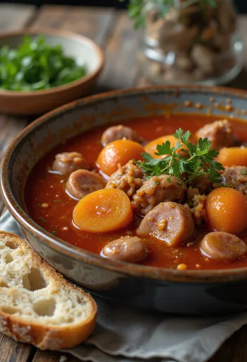 Zuppa di Goulash con salsiccia affumicata, patate e prezzemolo fresco