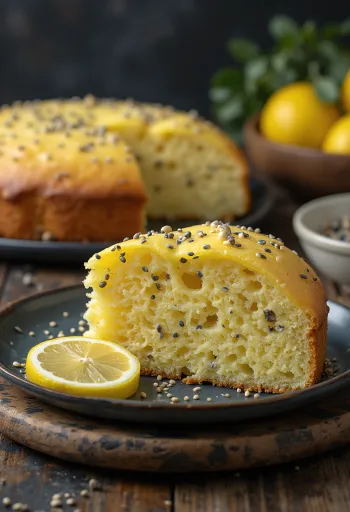 Torta al limone e semi di papavero servita
