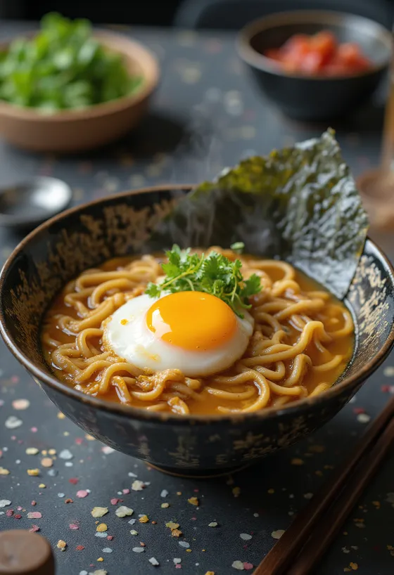 Ramen con Onsen Tamago, zuppa giapponese, con uovo morbido, pasta ramen, cipollotto e altre guarnizioni