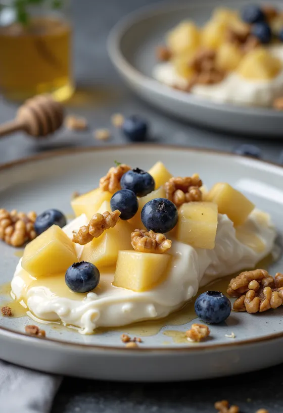 Insalata prebiotica di ricotta e frutta servita con frutta fresca e noci tostate