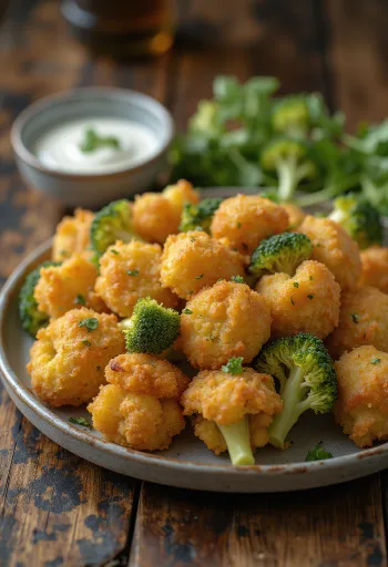 Broccoli impanati croccanti fritti dorati, serviti su un piatto con fette di limone fresco.